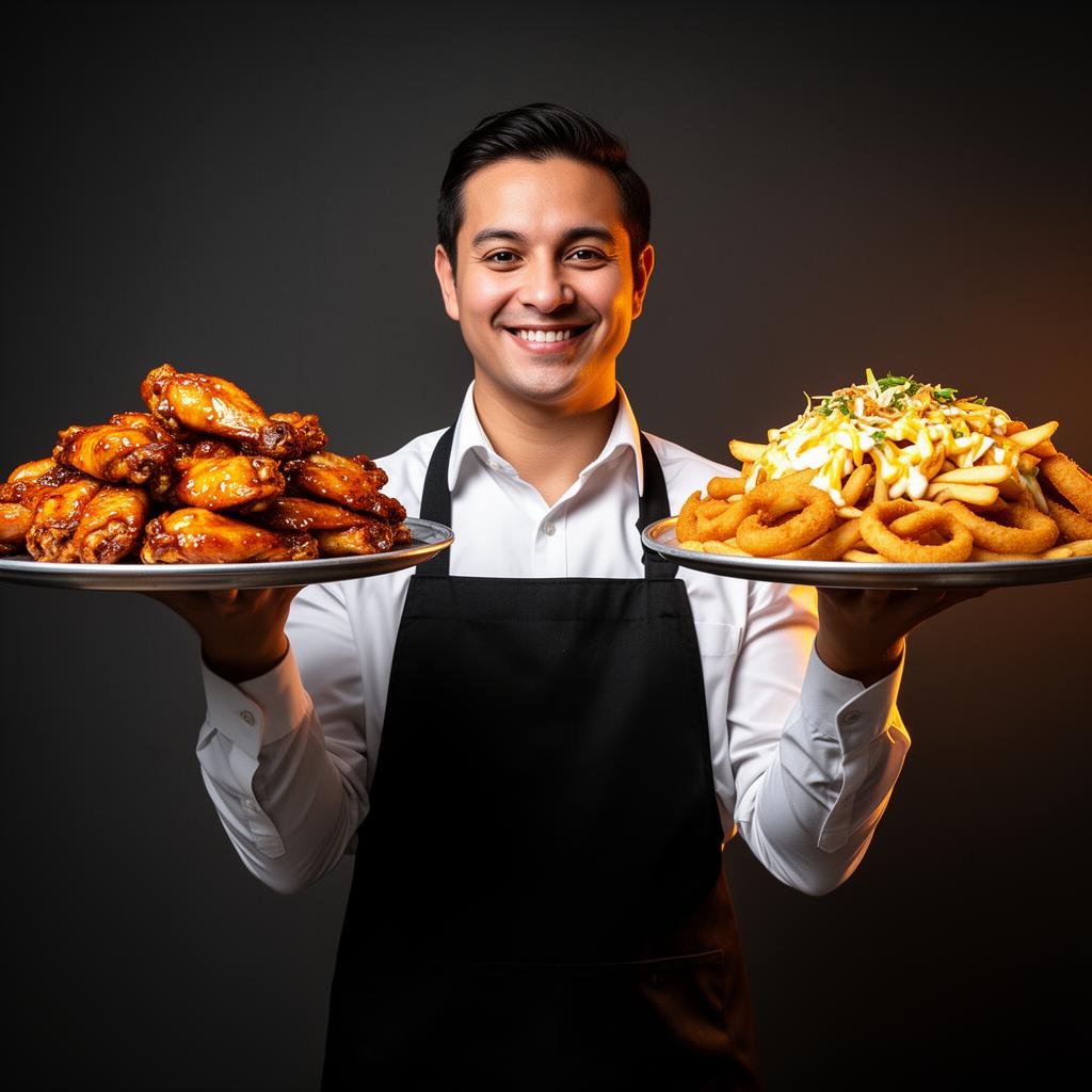 Server holding trays of wings and loaded fries